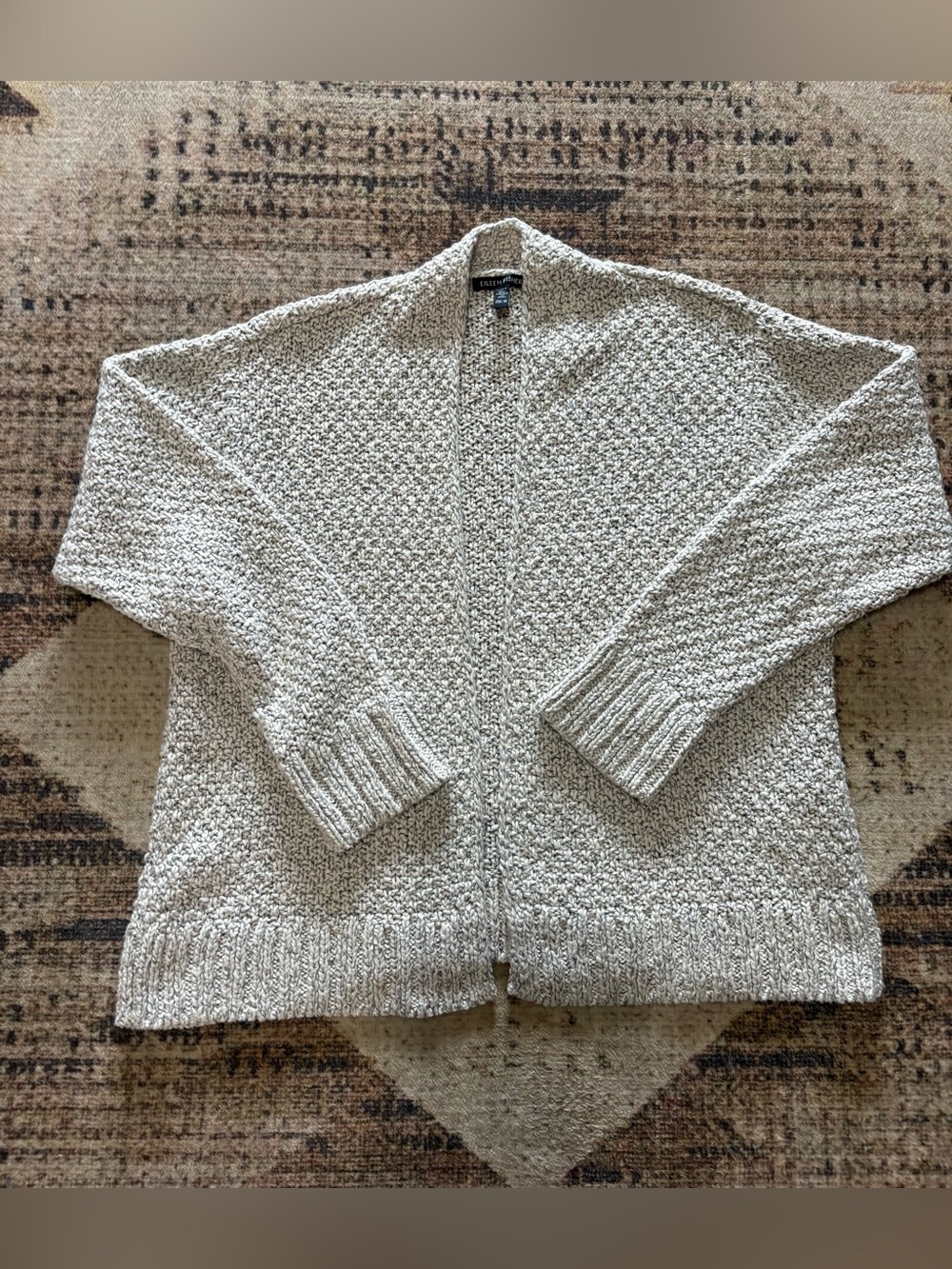 Eileen Fisher Organic Cotton Open Cardigan Cream Grey Chunky Knit Size XS